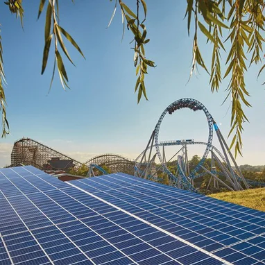 Solaranlage mit Blick auf die Achterbahnen Blue Fire und Wodan bei leichter Dämmerung. Solarmodule auf einer Wiese, im Vordergrund ein Baum, im Hintergrund die Silhouette des Europa-Park.