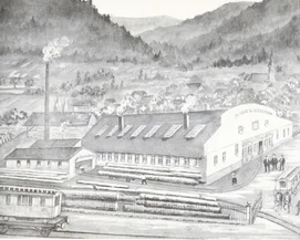 Historisches Gelände der Wagenfabrik Mack in Waldkirch. Die historische Wagenfabrik Mack mit dampfendem Schornstein, beladenen Wagen, Holzstämmen und Pferden inmitten einer Berglandschaft.